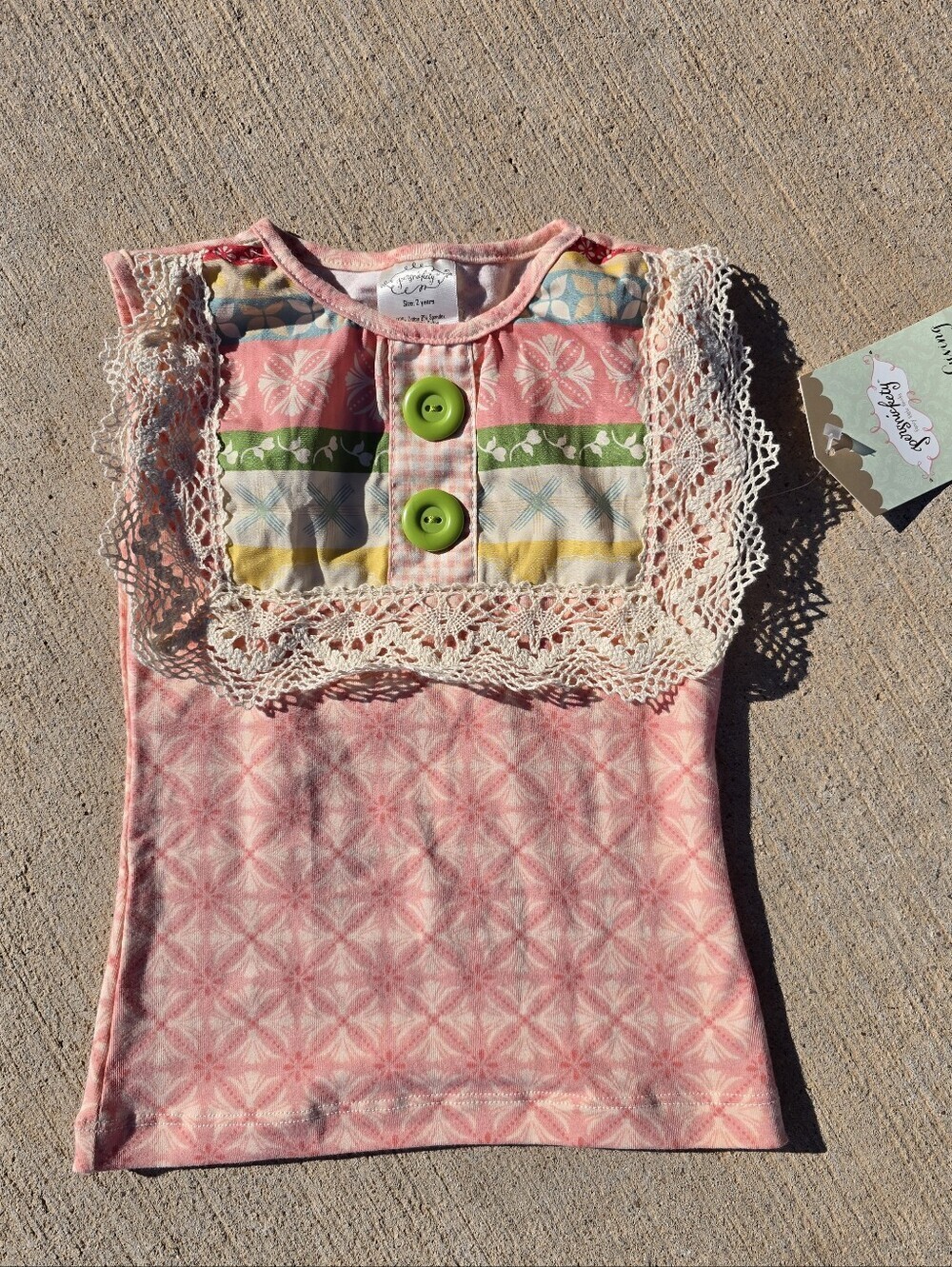 Persnickety Pink Lace-Trim Patterned Short Sleeve Tee with Green Buttons